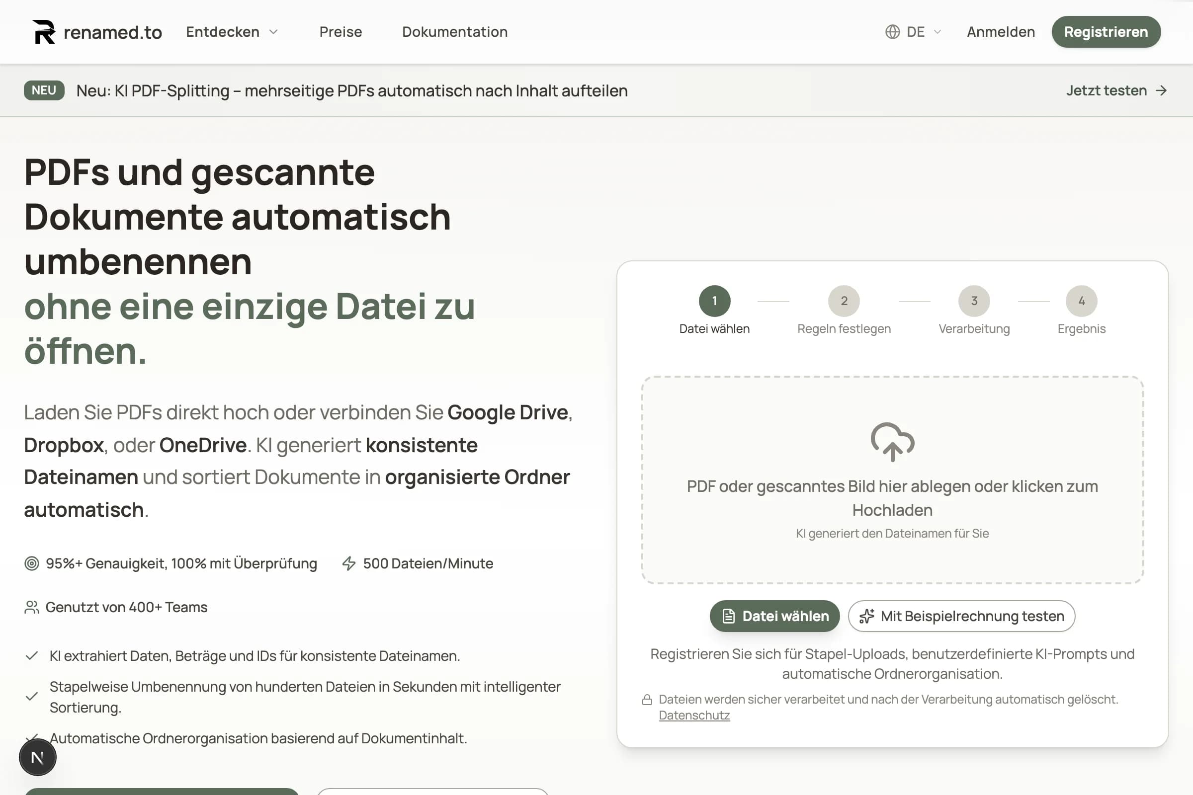 Renamed.to homepage in German