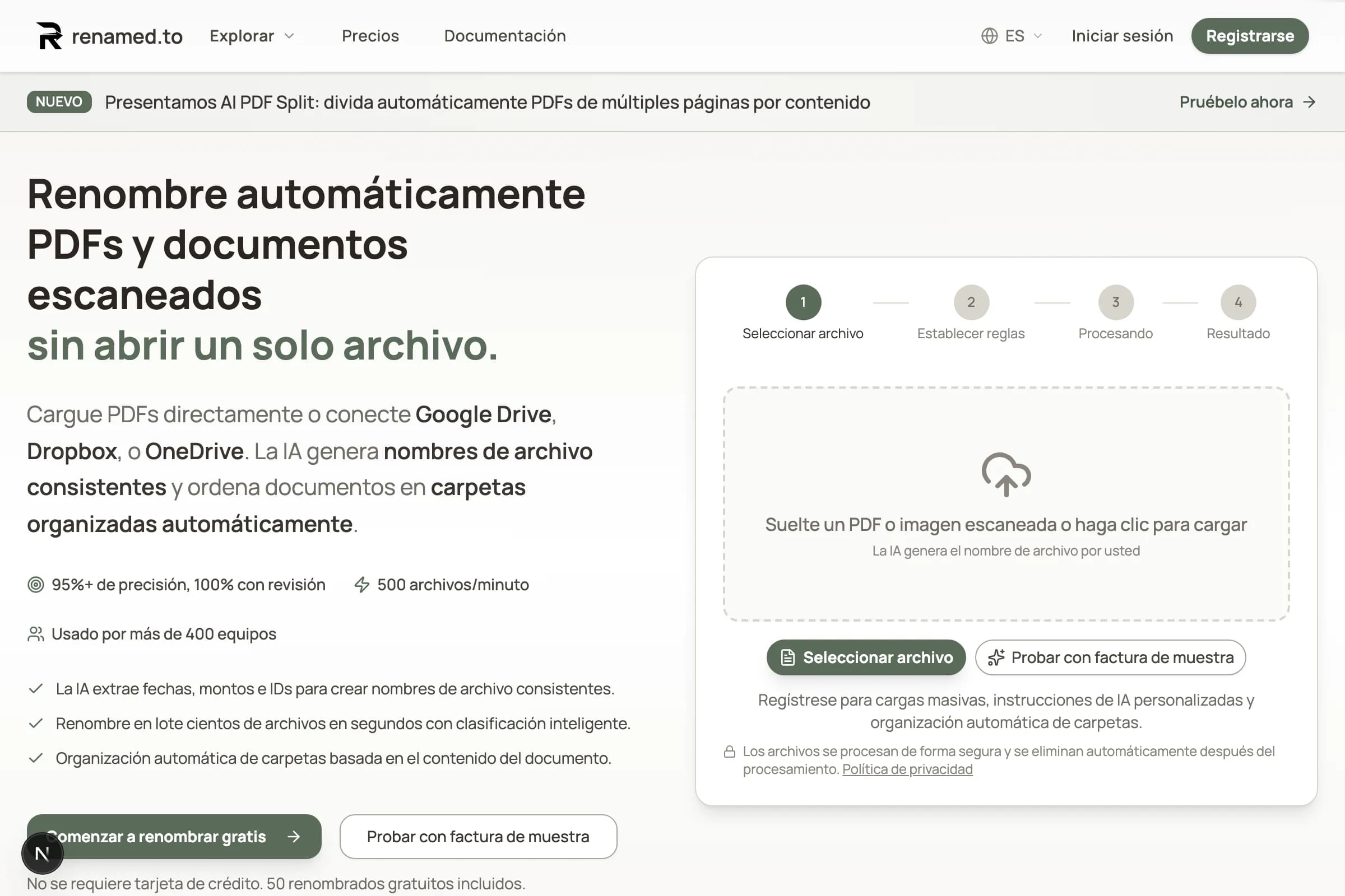 Renamed.to homepage in Spanish