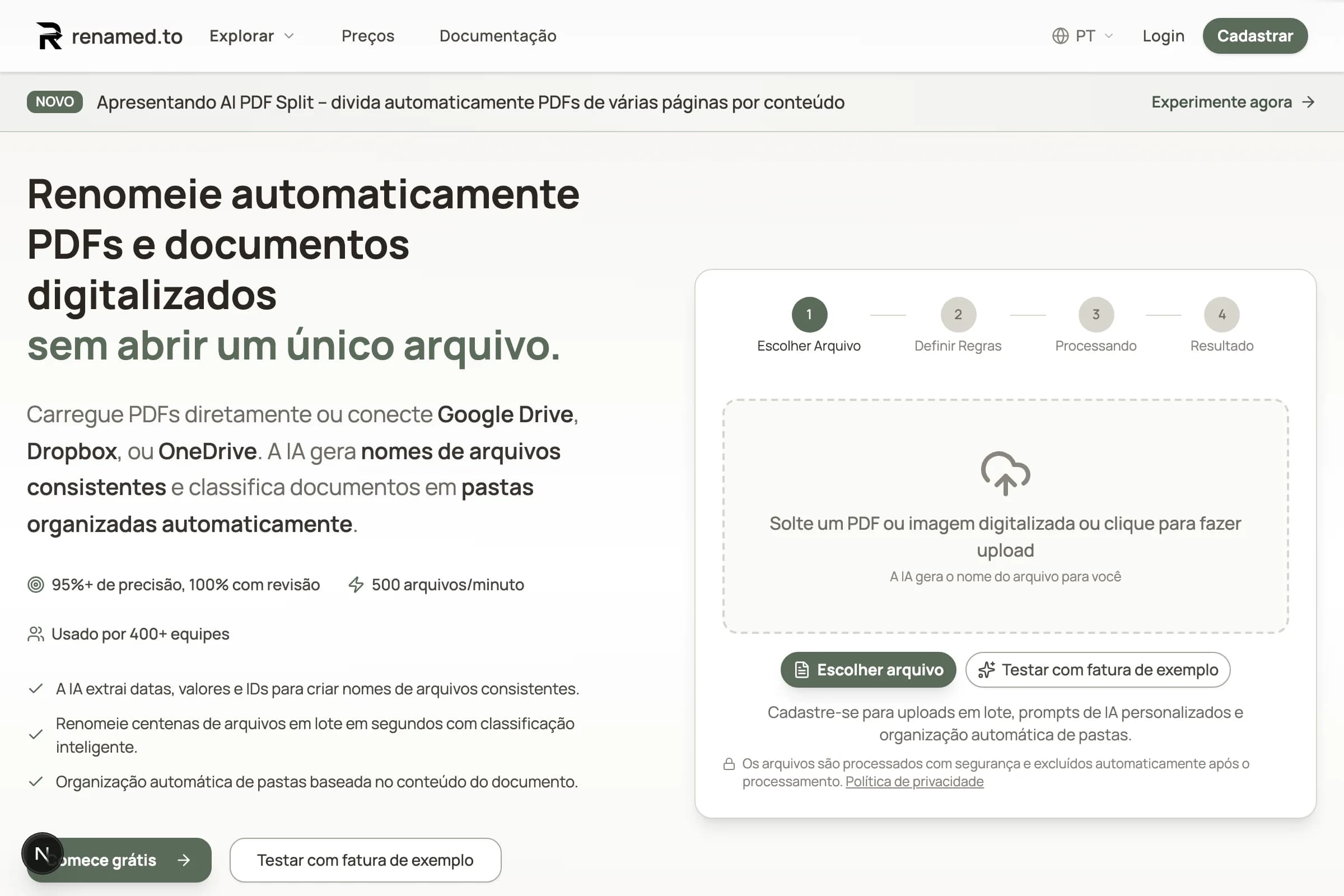 Renamed.to homepage in Portuguese