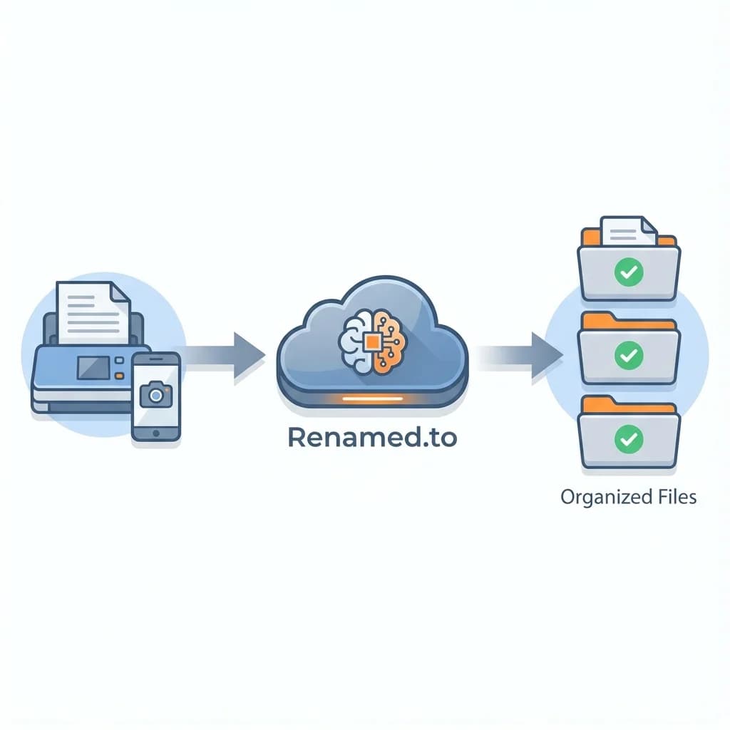 Diagram showing the workflow: Scanner to Cloud to Renamed.to AI to Organized Files