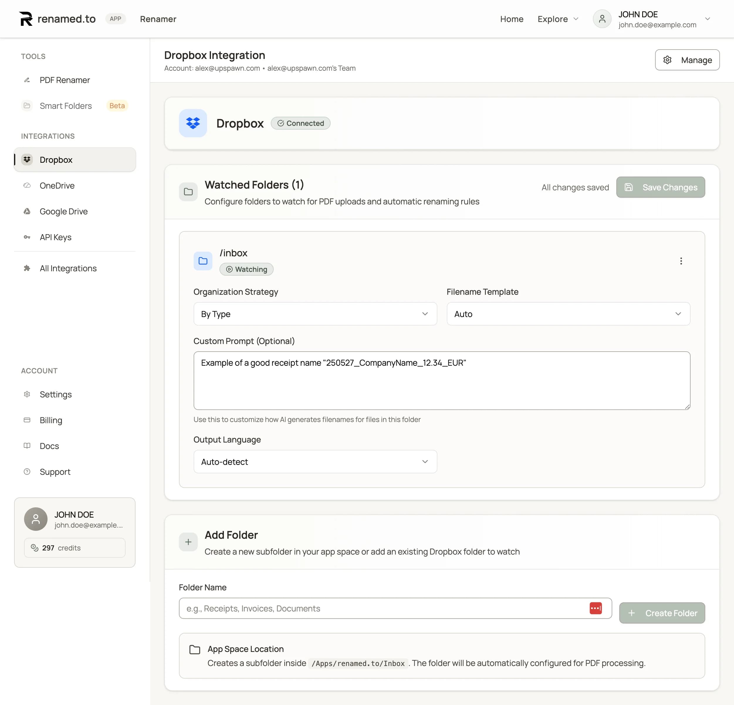 Renamed.to Dropbox integration: connect Dropbox and configure watched folders