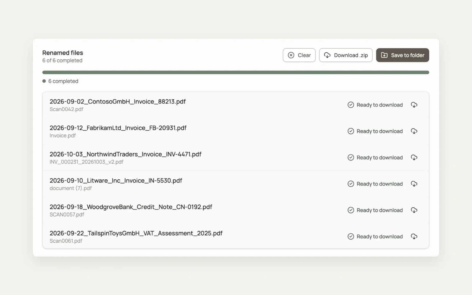 renamed.to results list: six scans and downloads from Contoso, Fabrikam, Northwind, Litware and Woodgrove, each renamed by date, issuer, document type and number, with the old file name under the new one