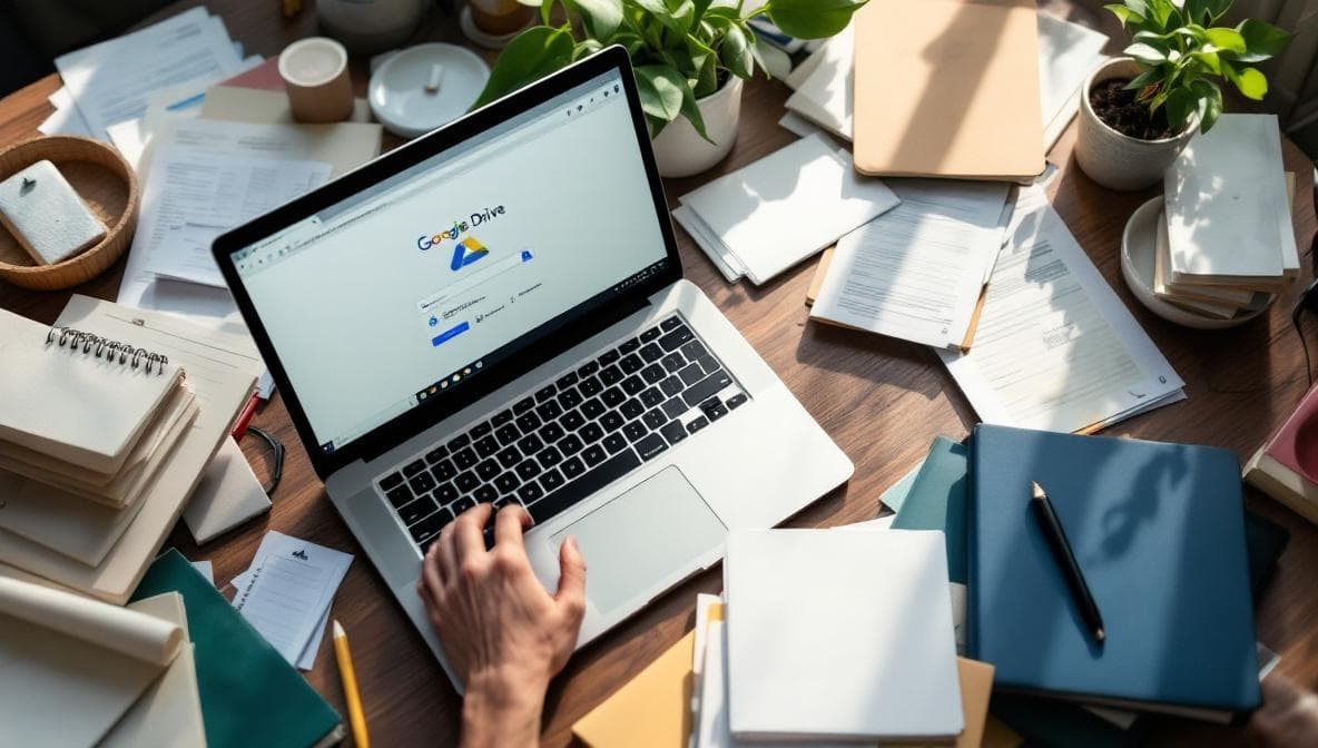 Cluttered desk with scattered documents and a laptop showing Google Drive