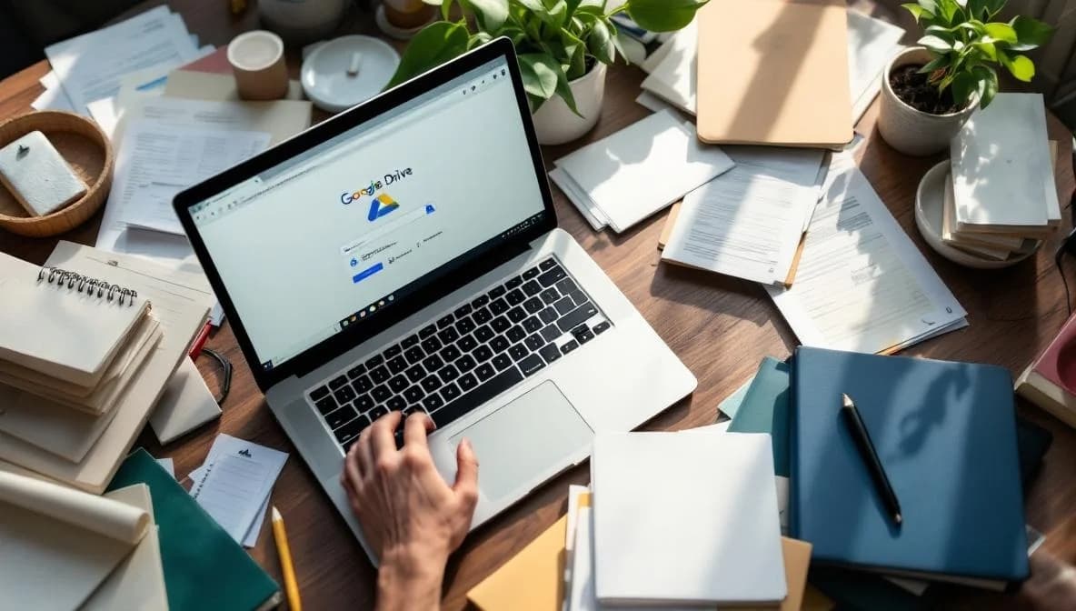 Cluttered desk with scattered documents and a laptop showing Google Drive