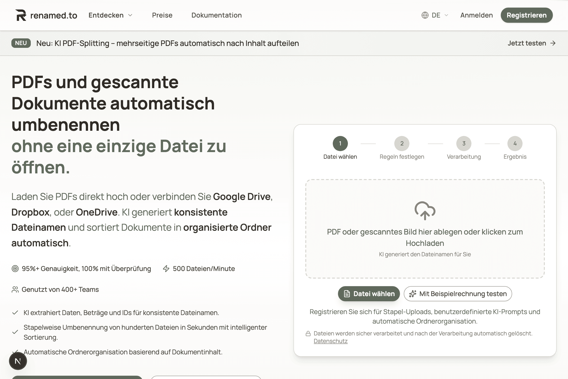 Renamed.to homepage in German