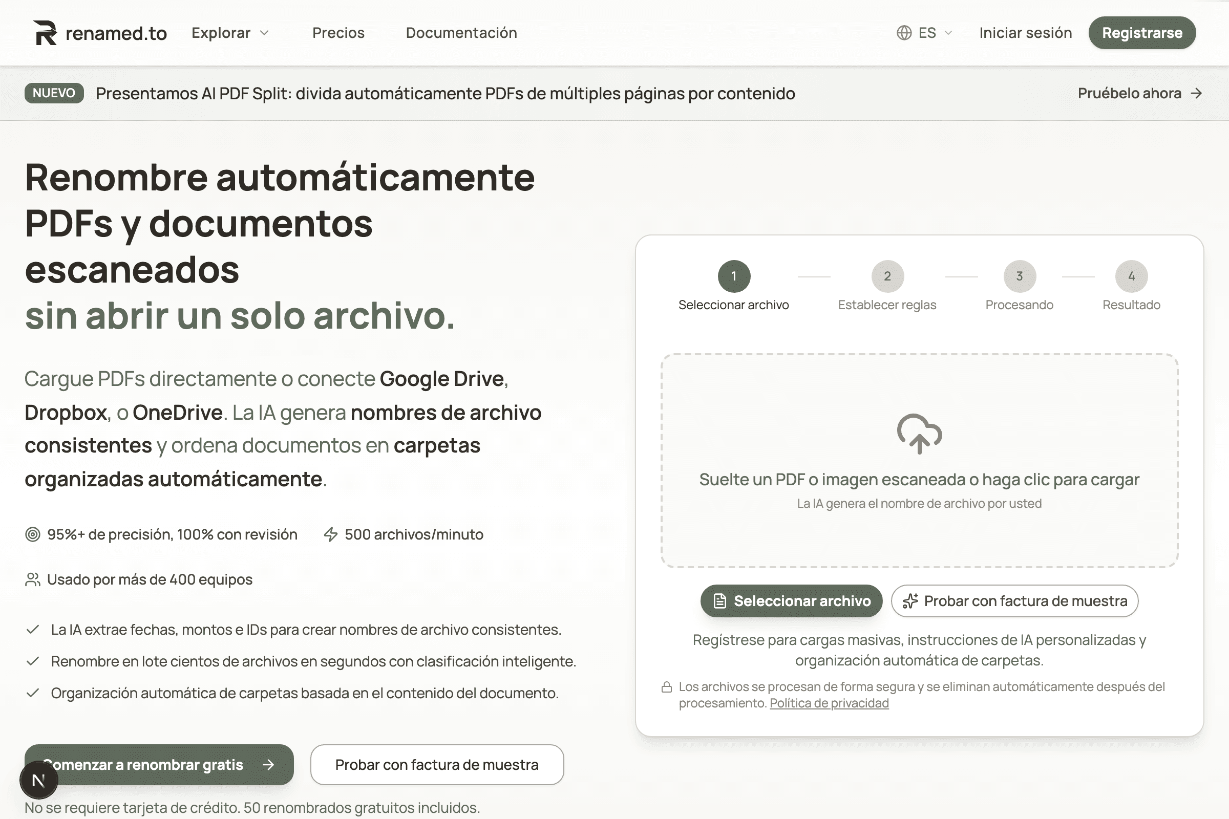 Renamed.to homepage in Spanish