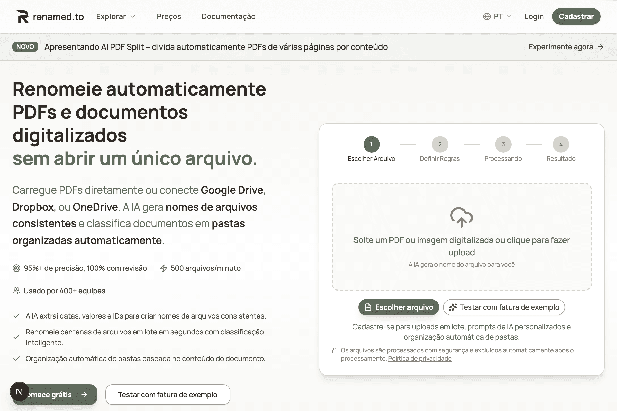 Renamed.to homepage in Portuguese