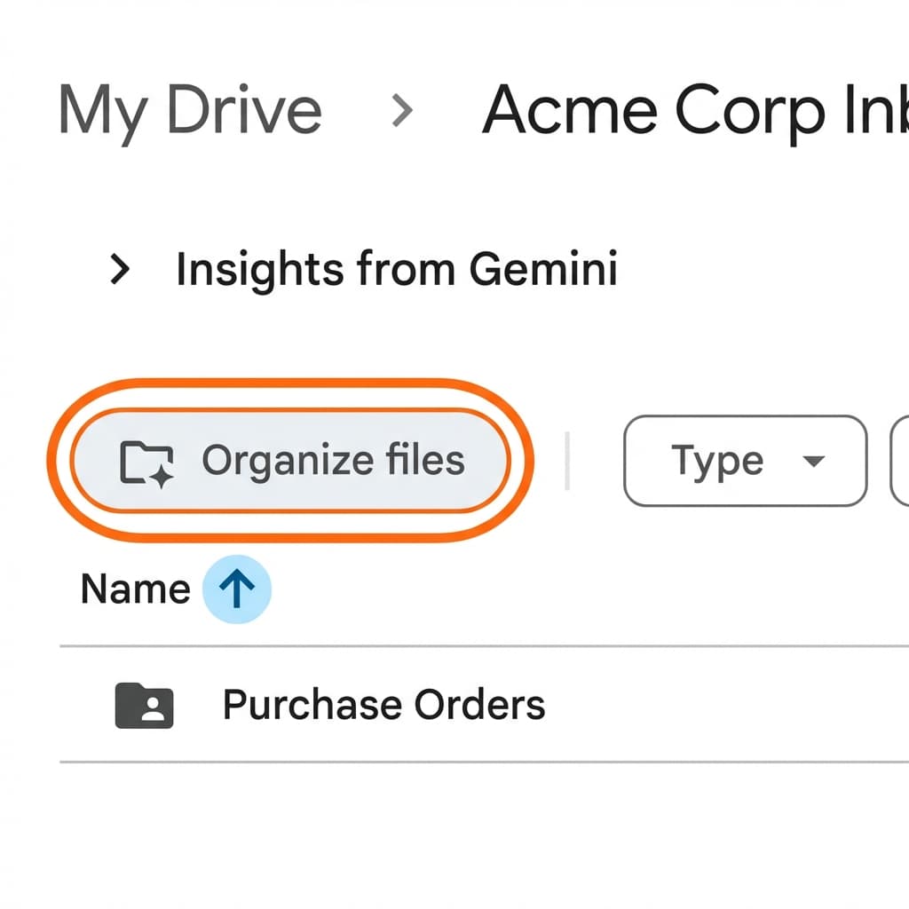 Google Drive 'Organize files' button suggestion in the Drive interface.