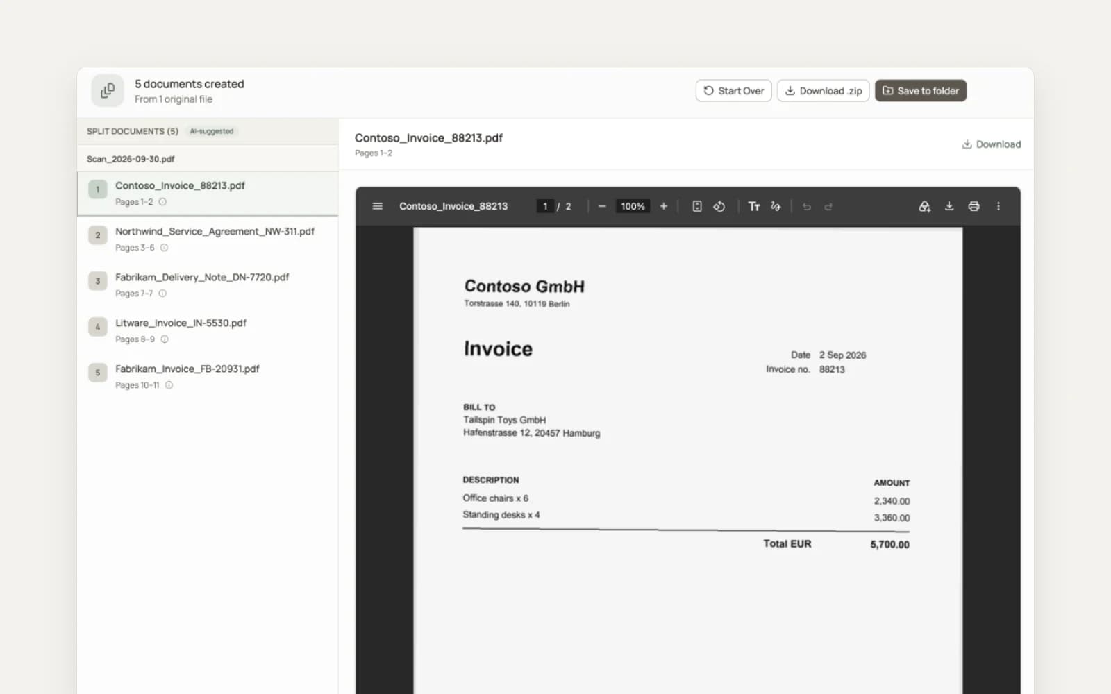 renamed.to PDF Split results: an 11-page scan split into five documents, each with its page range and a name from its content, such as Northwind_Service_Agreement_NW-311.pdf for pages 3 to 6