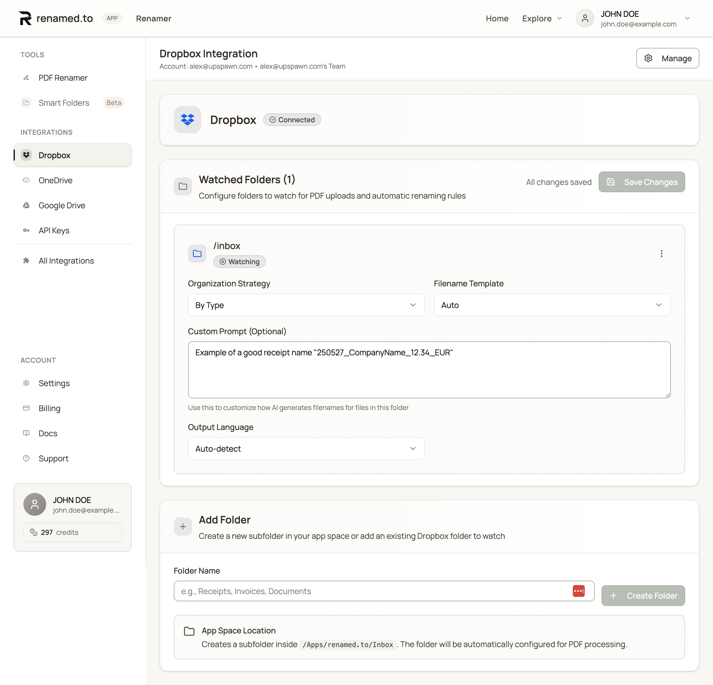 Renamed.to Dropbox integration: connect Dropbox and configure watched folders