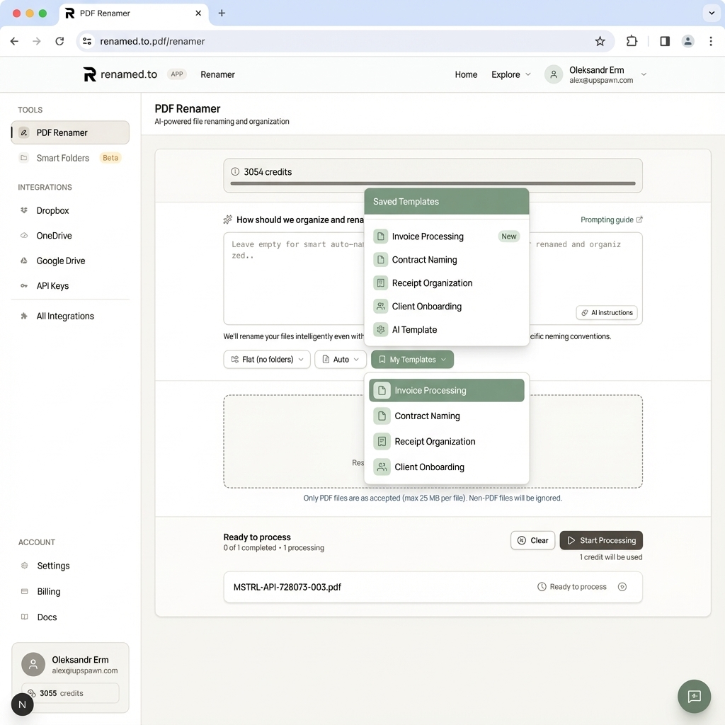 Saving a custom template for monthly invoices in the Web Renamer.